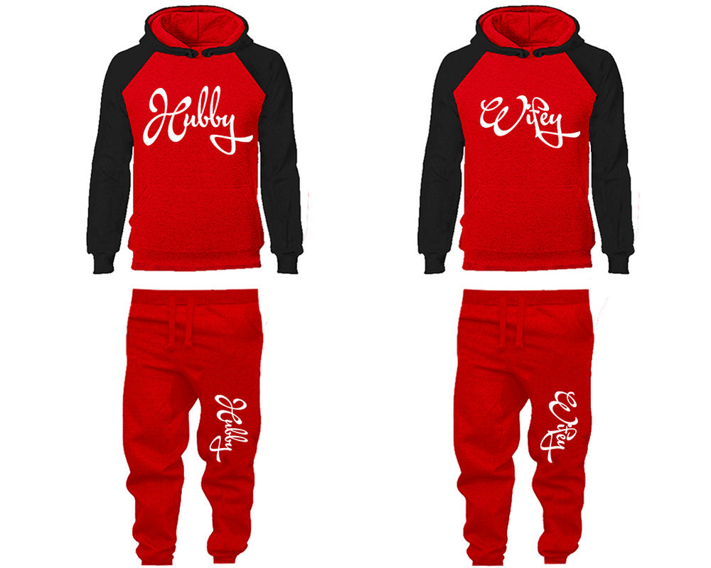 Hubby and Wifey matching top and bottom set, Black Red raglan hoodie and sweatpants sets for mens, raglan hoodie and jogger set womens. Matching couple joggers.