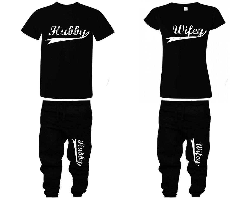 Hubby Wifey shirts, matching top and bottom set, Black t shirts, men joggers, shirt and jogger pants women. Matching couple joggers