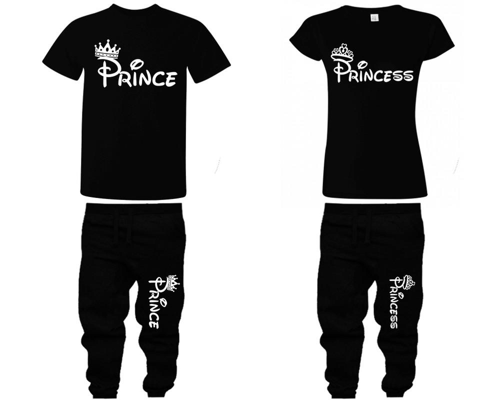 Prince Princess shirts, matching top and bottom set, Black t shirts, men joggers, shirt and jogger pants women. Matching couple joggers