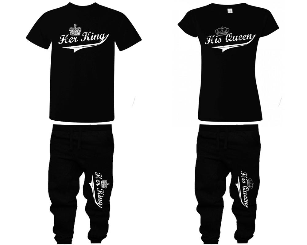 Her King His Queen shirts, matching top and bottom set, Black t shirts, men joggers, shirt and jogger pants women. Matching couple joggers