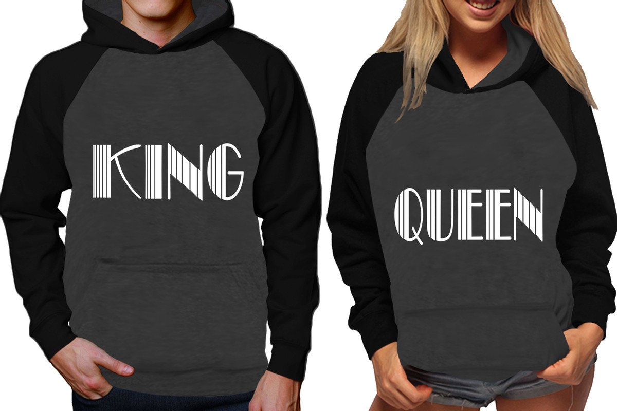 King and Queen raglan hoodies, Matching couple hoodies, Black Charcoal his and hers man and woman contrast raglan hoodies