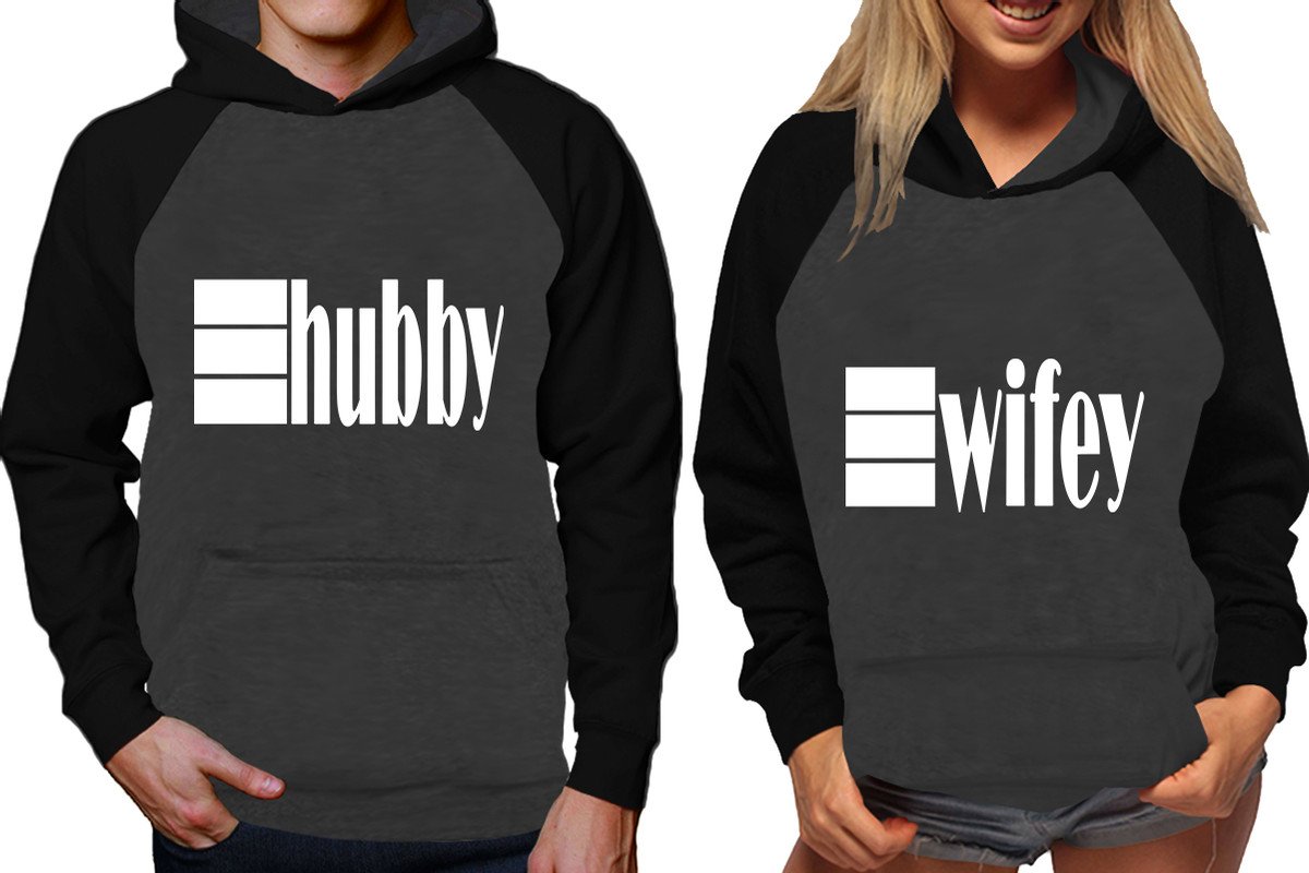 Hubby and Wifey raglan hoodies, Matching couple hoodies, Black Charcoal his and hers man and woman contrast raglan hoodies