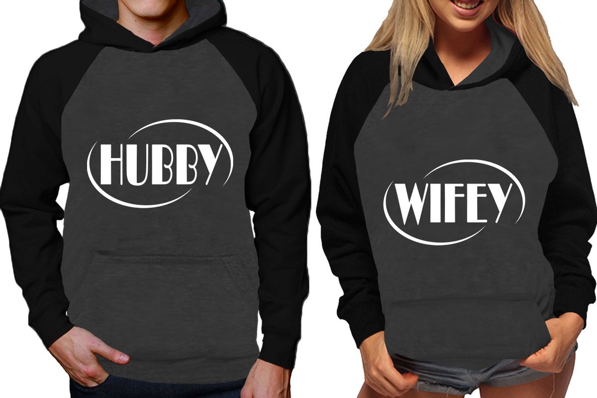 Hubby and Wifey raglan hoodies, Matching couple hoodies, Black Charcoal his and hers man and woman contrast raglan hoodies