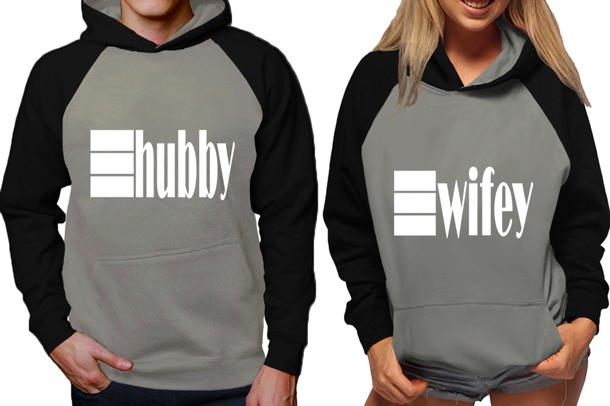 Hubby and Wifey raglan hoodies, Matching couple hoodies, Black Grey his and hers man and woman contrast raglan hoodies