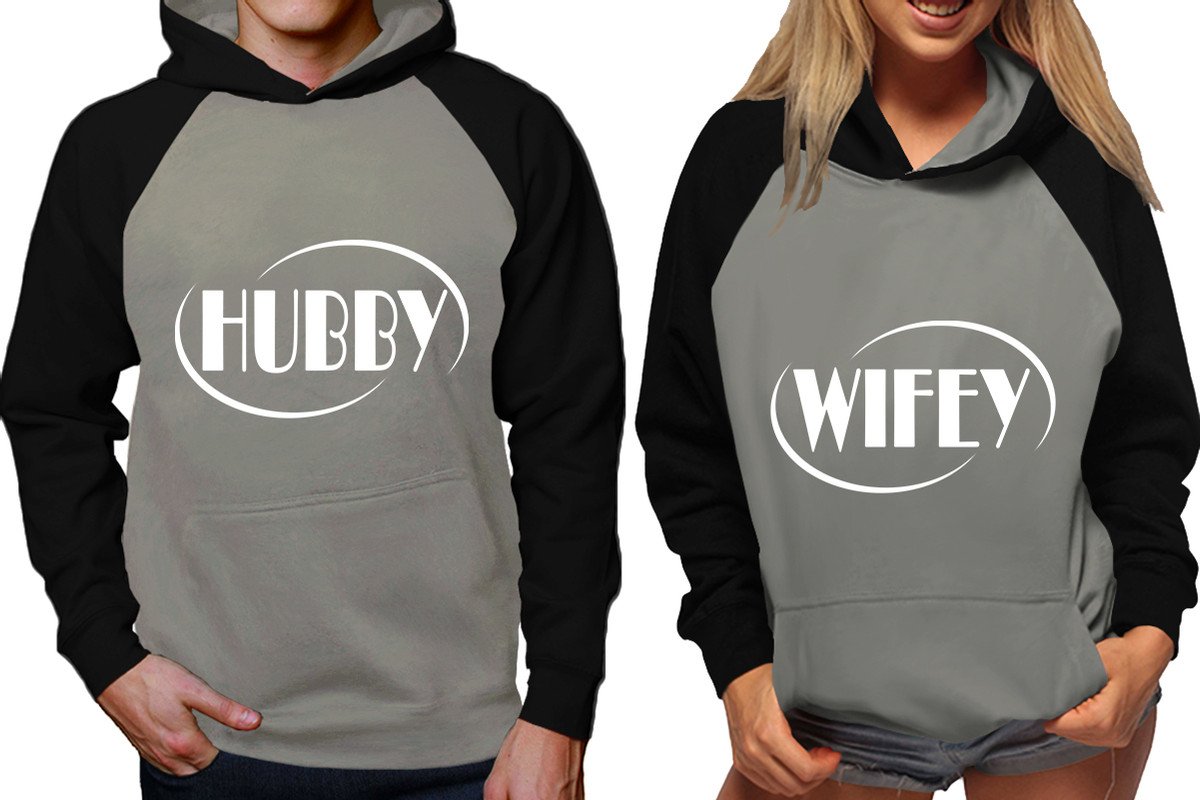 Hubby and Wifey raglan hoodies, Matching couple hoodies, Black Grey his and hers man and woman contrast raglan hoodies