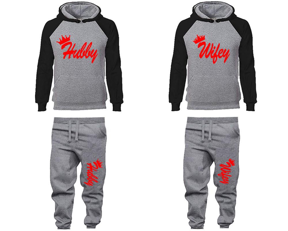 Hubby and Wifey matching top and bottom set, Black Grey raglan hoodie and sweatpants sets for mens, raglan hoodie and jogger set womens. Matching couple joggers.