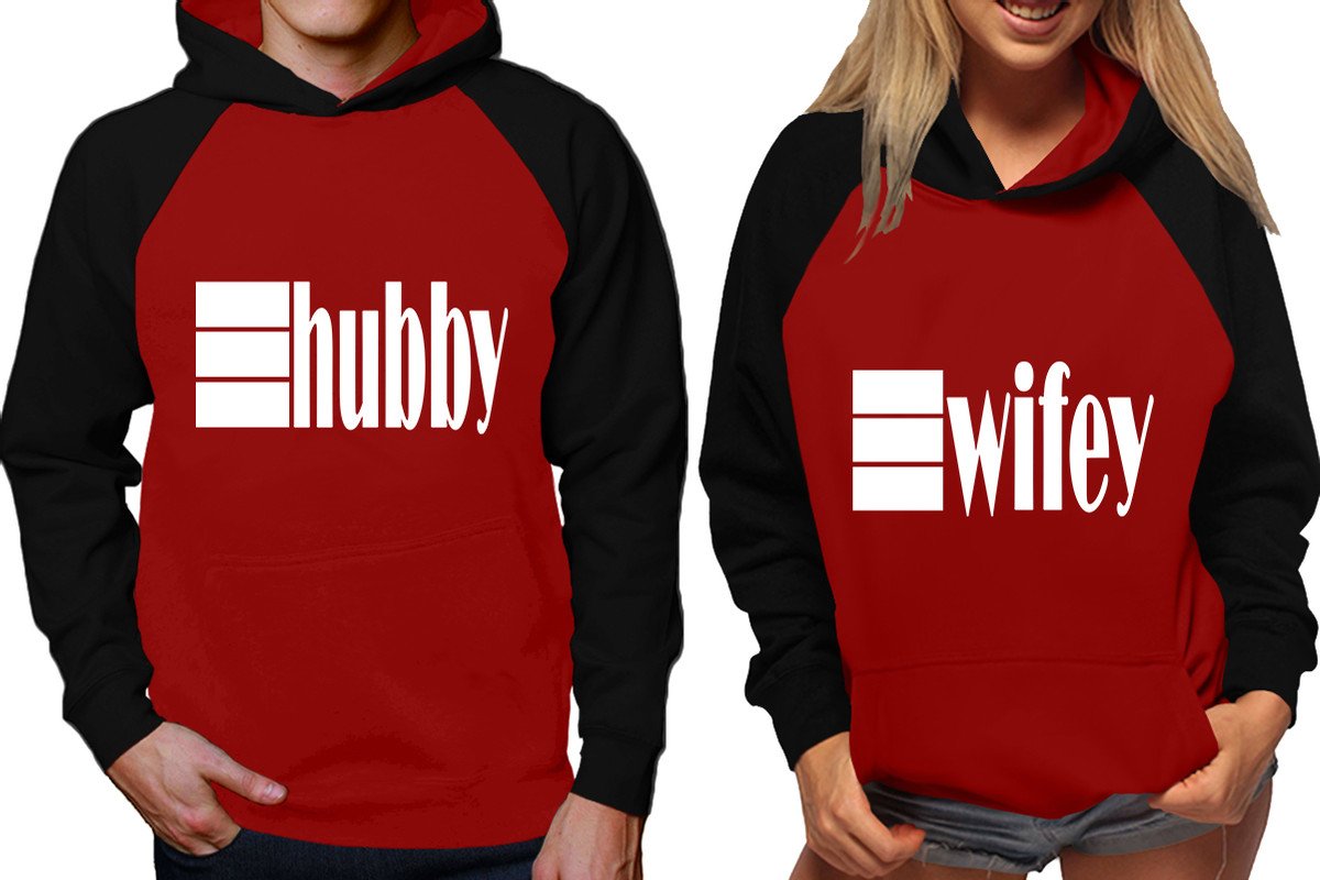 Hubby and Wifey raglan hoodies, Matching couple hoodies, Black Maroon his and hers man and woman contrast raglan hoodies