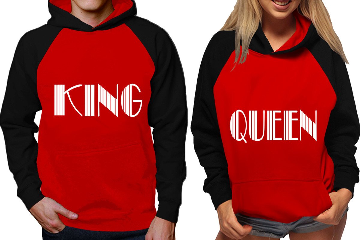 King and Queen raglan hoodies, Matching couple hoodies, Black Red his and hers man and woman contrast raglan hoodies