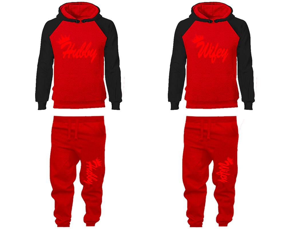 Hubby and Wifey matching top and bottom set, Black Red raglan hoodie and sweatpants sets for mens, raglan hoodie and jogger set womens. Matching couple joggers.