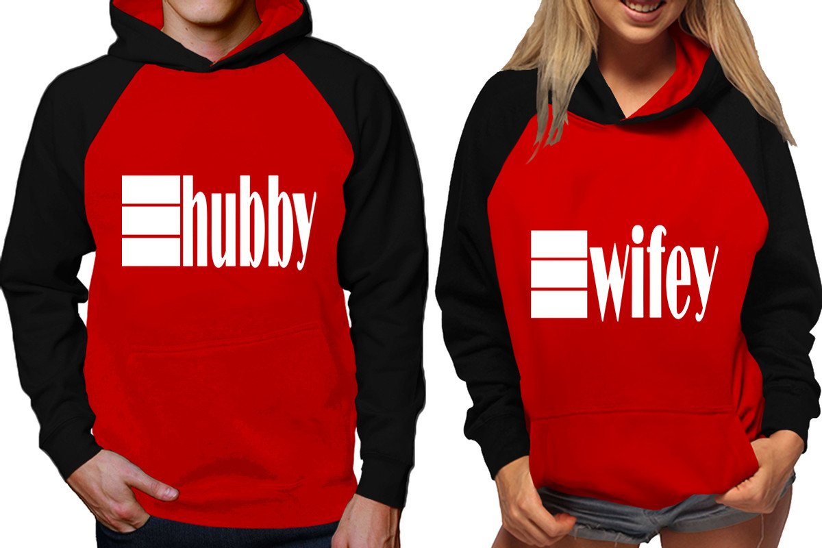 Hubby and Wifey raglan hoodies, Matching couple hoodies, Black Red his and hers man and woman contrast raglan hoodies