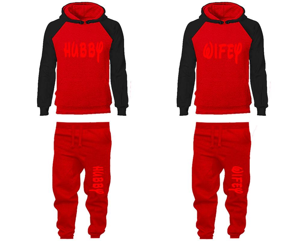 Hubby and Wifey matching top and bottom set, Black Red raglan hoodie and sweatpants sets for mens, raglan hoodie and jogger set womens. Matching couple joggers.