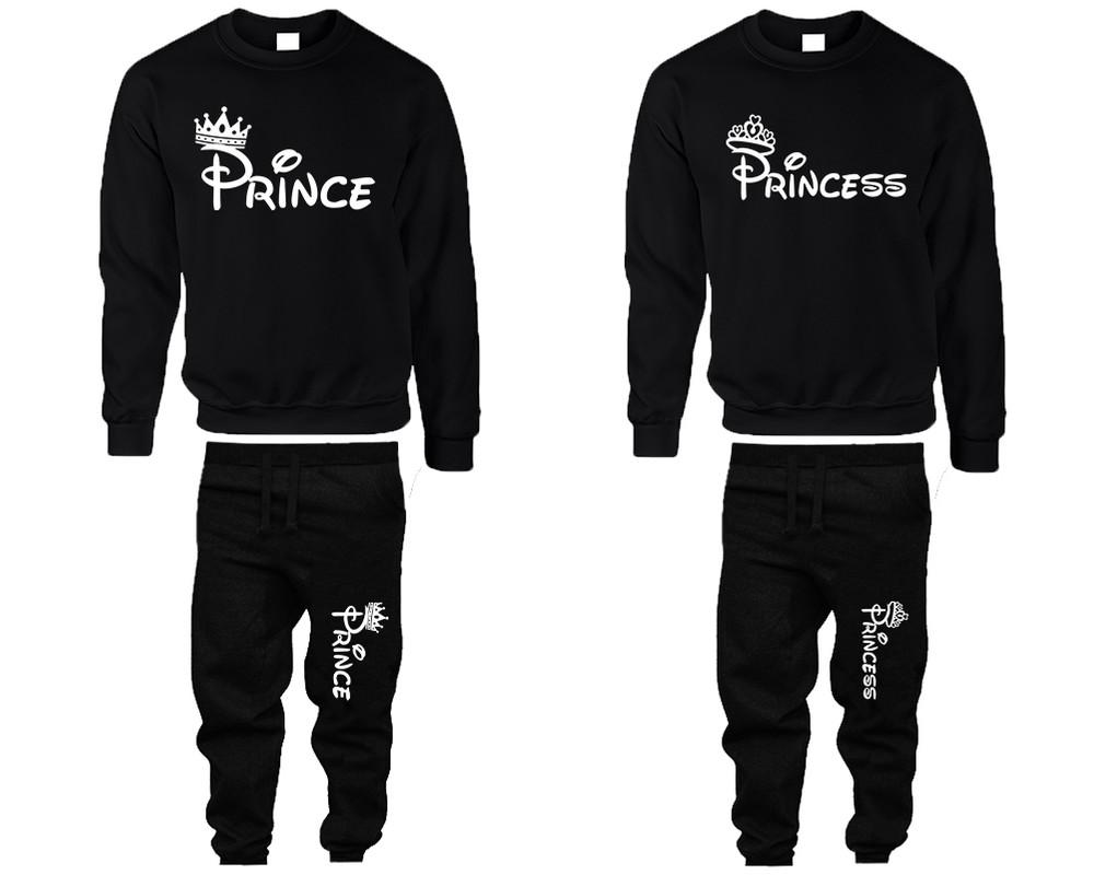 Prince Princess top and bottom sets. Black sweatshirt and sweatpants set for men, sweater and jogger pants for women.