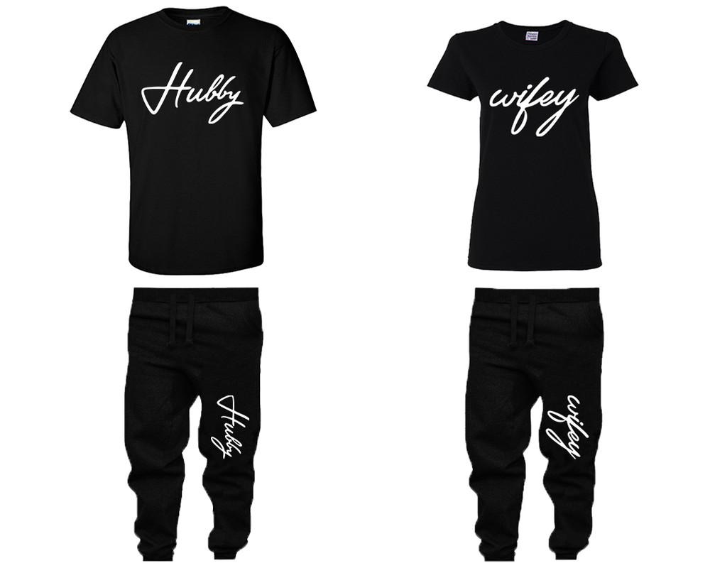 Hubby Wifey shirts, matching top and bottom set, Black t shirts, men joggers, shirt and jogger pants women. Matching couple joggers