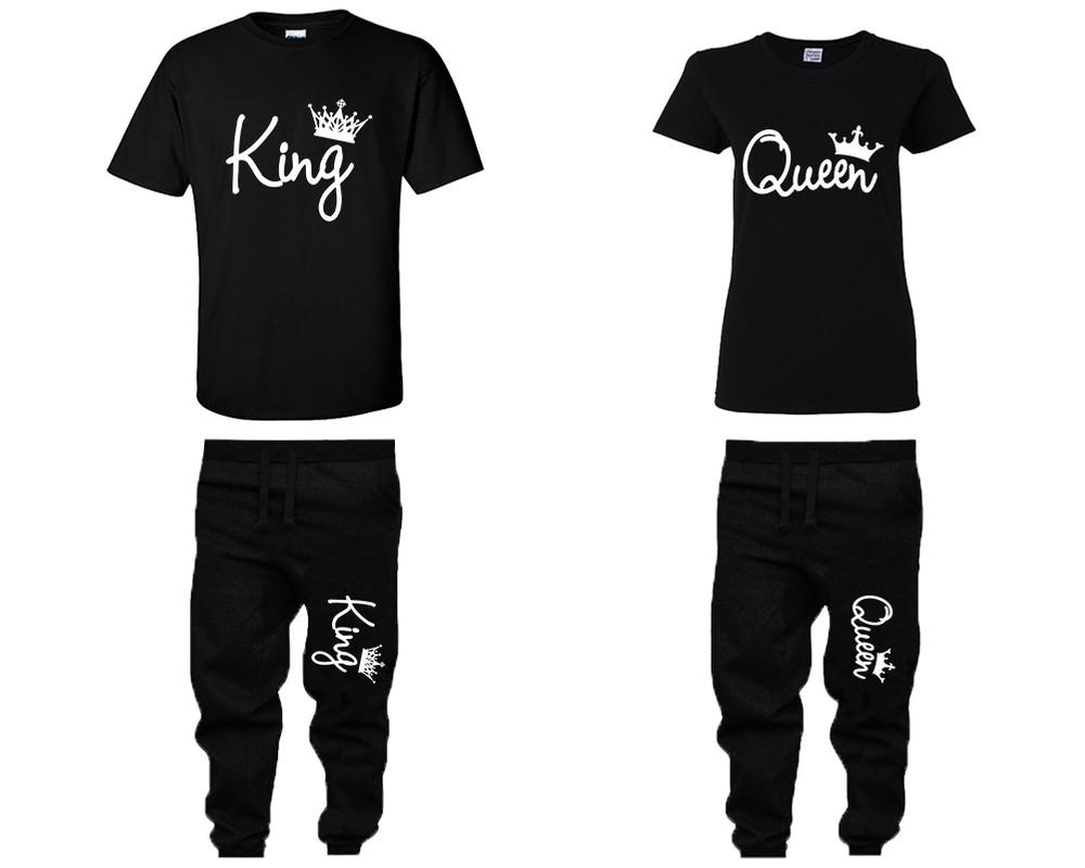 King Queen shirts, matching top and bottom set, Black t shirts, men joggers, shirt and jogger pants women. Matching couple joggers