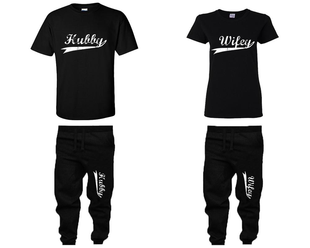 Hubby Wifey shirts, matching top and bottom set, Black t shirts, men joggers, shirt and jogger pants women. Matching couple joggers