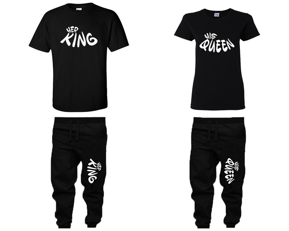 Her King and His Queen shirts and jogger pants, matching top and bottom set, Black t shirts, men joggers, shirt and jogger pants women. Matching couple joggers