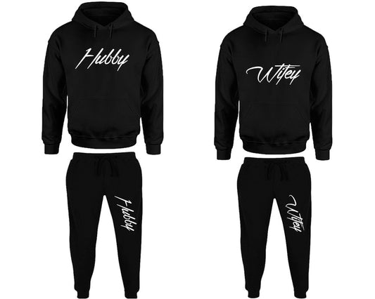 Hubby and Wifey matching top and bottom set, Black pullover hoodie and sweatpants sets for mens, pullover hoodie and jogger set womens. Matching couple joggers.