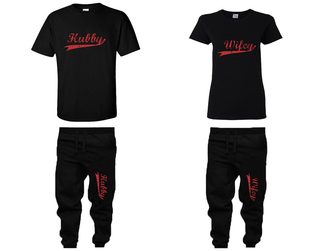 Hubby and Wifey shirts and jogger pants, matching top and bottom set, Black t shirts, men joggers, shirt and jogger pants women. Matching couple joggers
