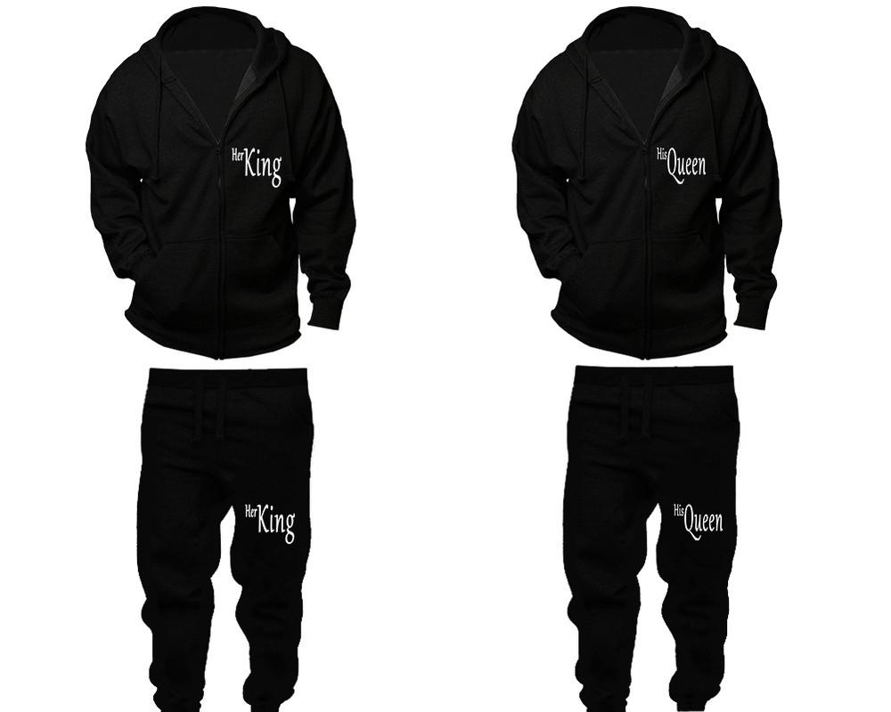 Her King and His Queen zipper hoodies, Matching couple hoodies, Black zip up hoodie for man, Black zip up hoodie womens, Black jogger pants for man and woman.