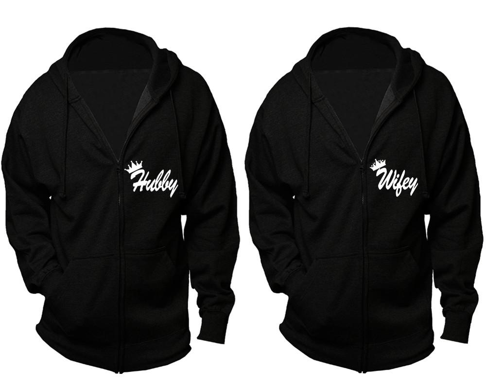 Hubby and Wifey zipper hoodies, Matching couple hoodies, Black zip up hoodie for man, Black zip up hoodie womens