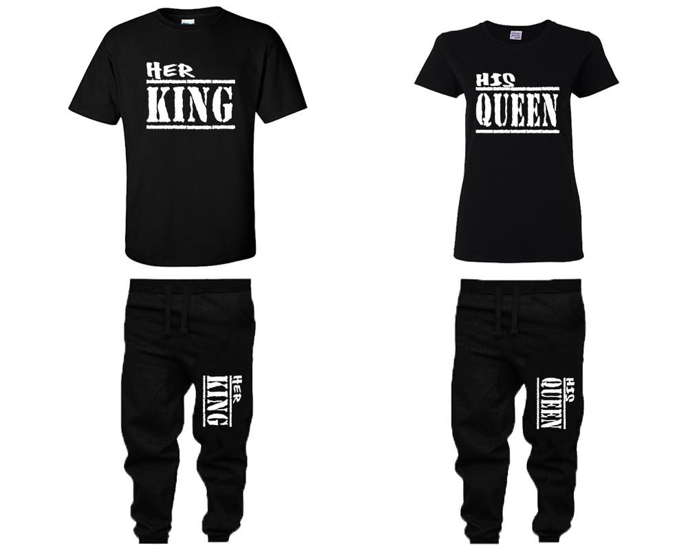 Her King and His Queen shirts and jogger pants, matching top and bottom set, Black t shirts, men joggers, shirt and jogger pants women. Matching couple joggers