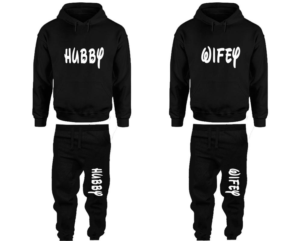 Hubby and Wifey matching top and bottom set, Black pullover hoodie and sweatpants sets for mens, pullover hoodie and jogger set womens. Matching couple joggers.