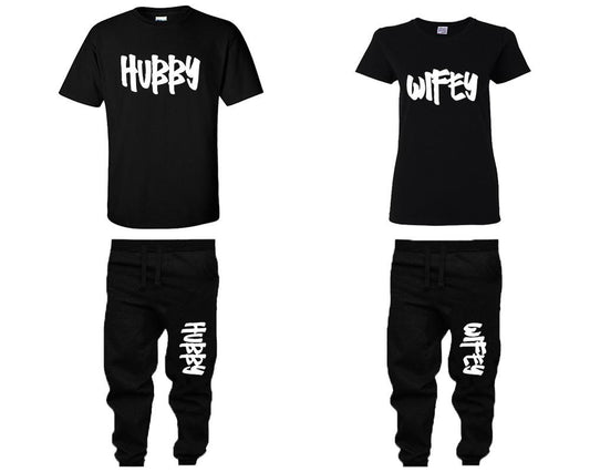 Hubby and Wifey shirts and jogger pants, matching top and bottom set, Black t shirts, men joggers, shirt and jogger pants women. Matching couple joggers