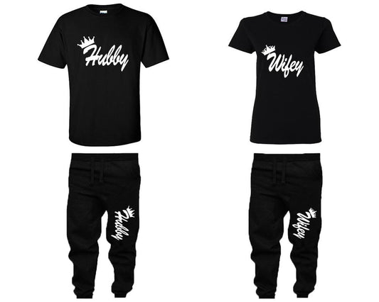 Hubby and Wifey shirts and jogger pants, matching top and bottom set, Black t shirts, men joggers, shirt and jogger pants women. Matching couple joggers