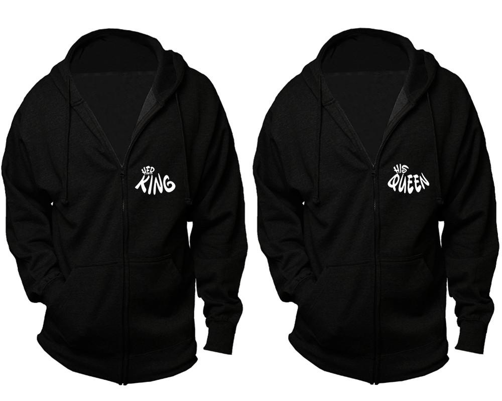 Her King and His Queen zipper hoodies, Matching couple hoodies, Black zip up hoodie for man, Black zip up hoodie womens