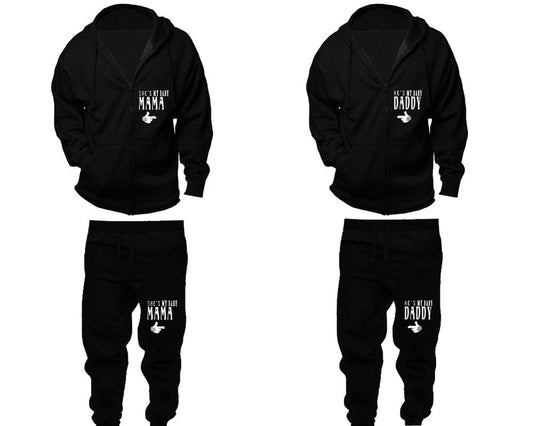 She's My Baby Mama and He's My Baby Daddy zipper hoodies, Matching couple hoodies, Black zip up hoodie for man, Black zip up hoodie womens, Black jogger pants for man and woman.