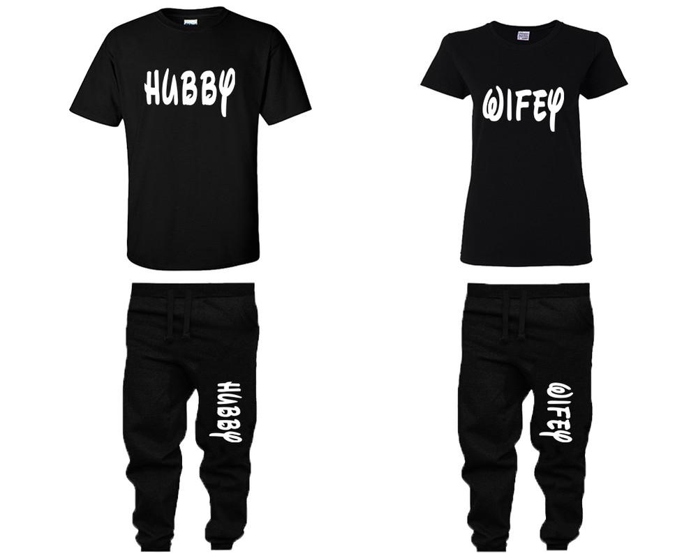 Hubby and Wifey shirts and jogger pants, matching top and bottom set, Black t shirts, men joggers, shirt and jogger pants women. Matching couple joggers