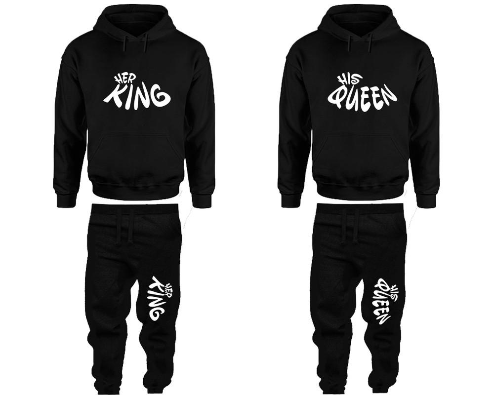 Her King and His Queen matching top and bottom set, Black pullover hoodie and sweatpants sets for mens, pullover hoodie and jogger set womens. Matching couple joggers.