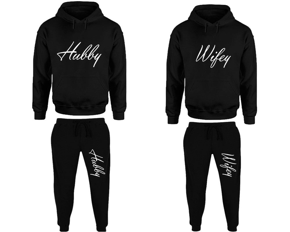 Hubby and Wifey matching top and bottom set, Black pullover hoodie and sweatpants sets for mens, pullover hoodie and jogger set womens. Matching couple joggers.