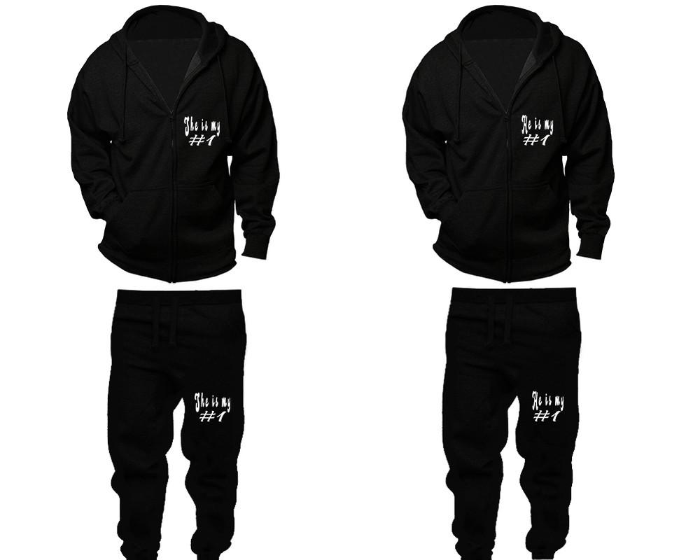 She's My Number 1 and He's My Number 1 zipper hoodies, Matching couple hoodies, Black zip up hoodie for man, Black zip up hoodie womens, Black jogger pants for man and woman.