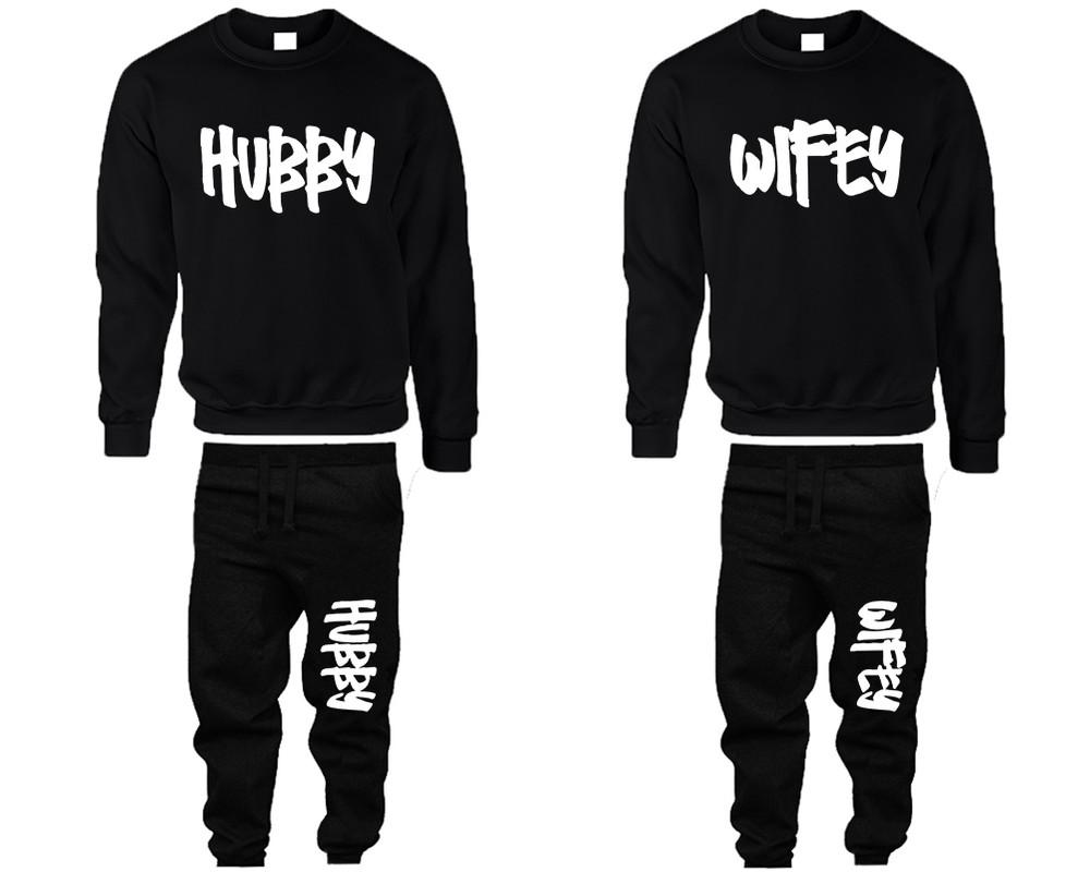 Hubby and Wifey top and bottom sets. Black sweatshirt and sweatpants set for men, sweater and jogger pants for women.