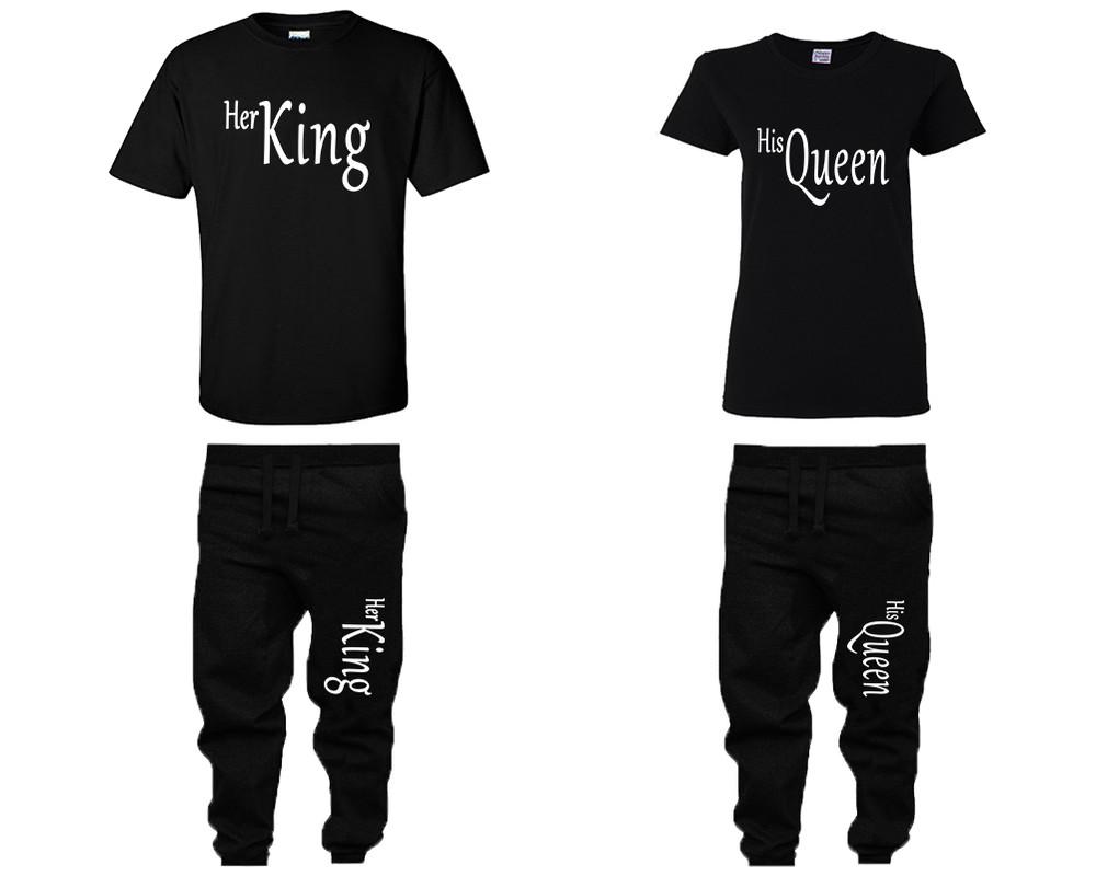 Her King and His Queen shirts and jogger pants, matching top and bottom set, Black t shirts, men joggers, shirt and jogger pants women. Matching couple joggers