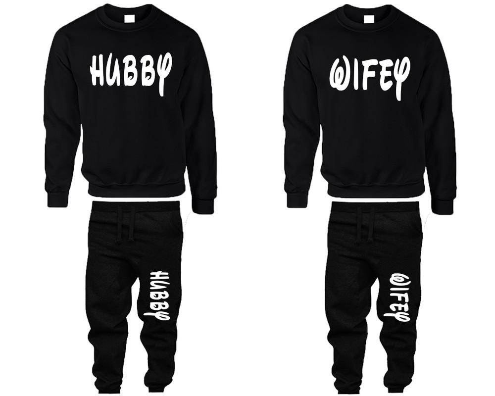 Hubby and Wifey top and bottom sets. Black sweatshirt and sweatpants set for men, sweater and jogger pants for women.