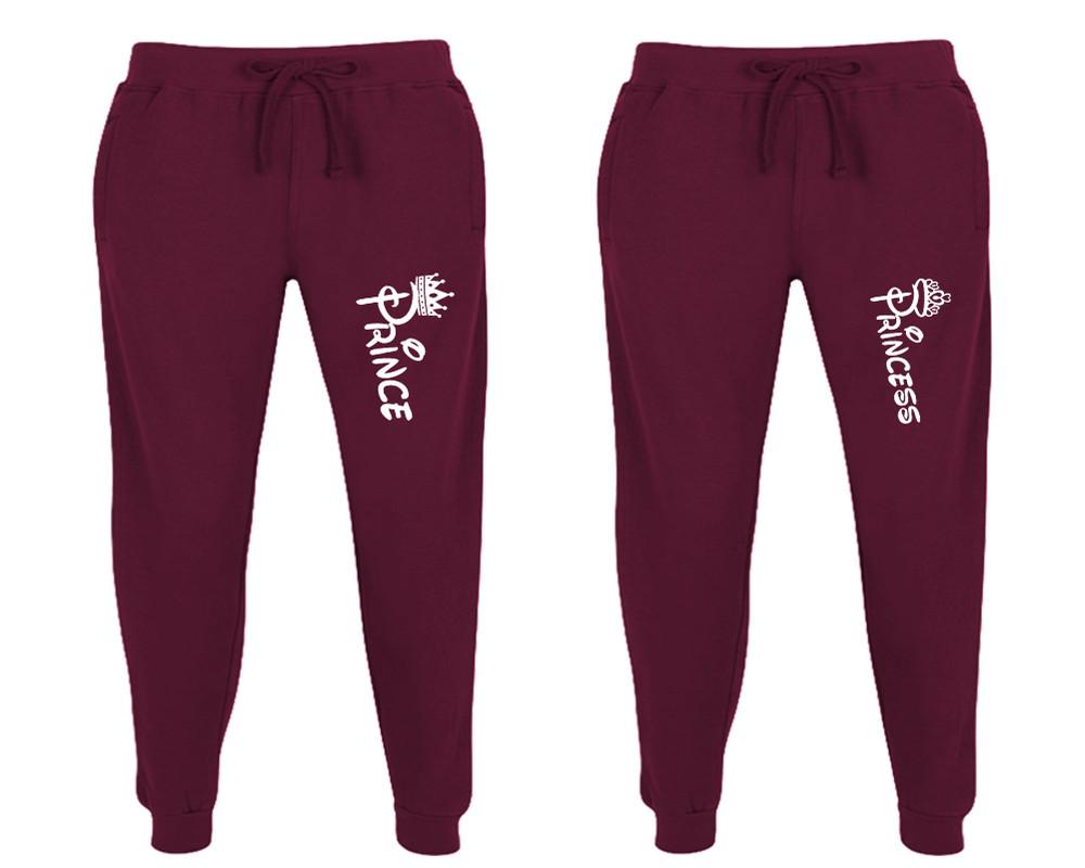 Prince and Princess matching jogger pants, Burgundy sweatpants for mens, jogger set womens. Matching couple joggers.