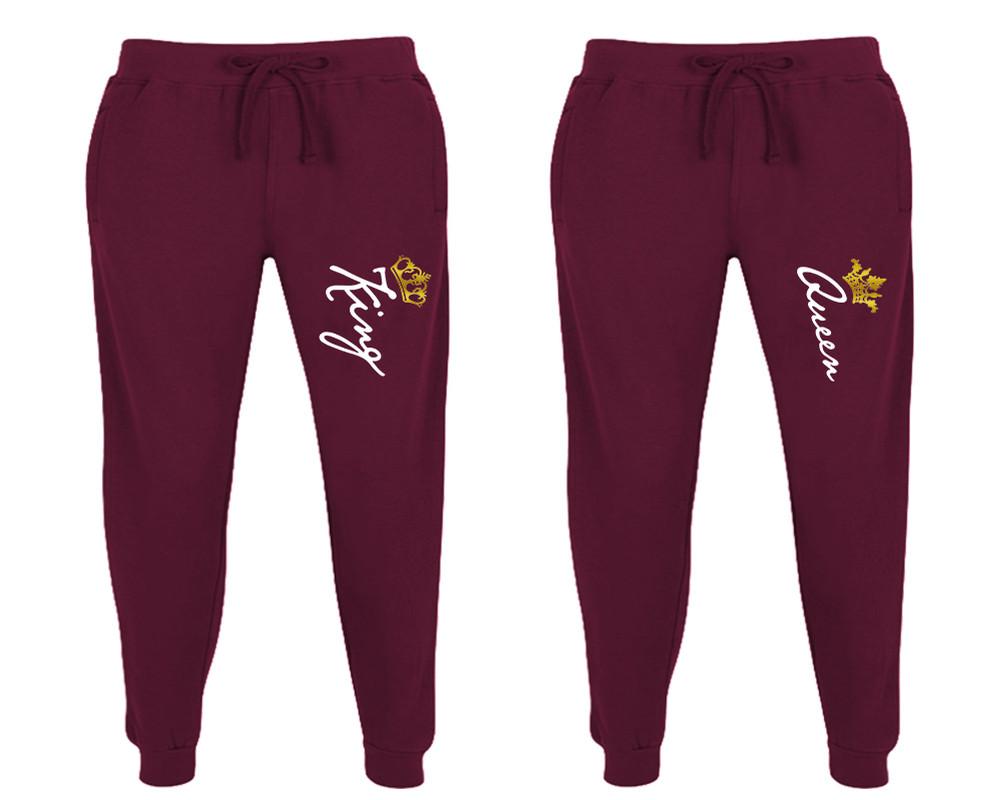 King and Queen matching jogger pants, Burgundy sweatpants for mens, jogger set womens. Matching couple joggers.
