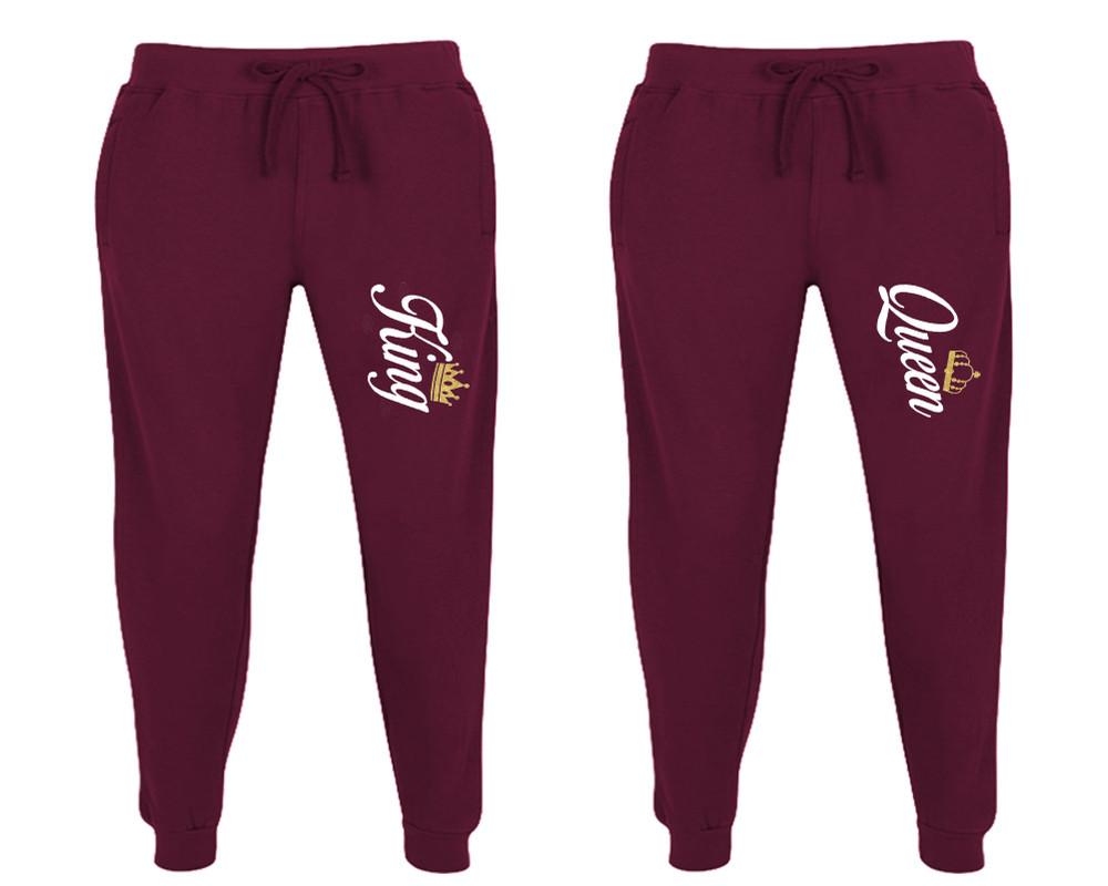 King and Queen matching jogger pants, Burgundy sweatpants for mens, jogger set womens. Matching couple joggers.