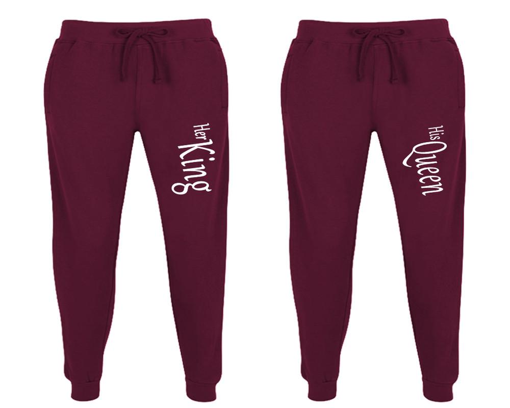 Her King and His Queen matching jogger pants, Burgundy sweatpants for mens, jogger set womens. Matching couple joggers.