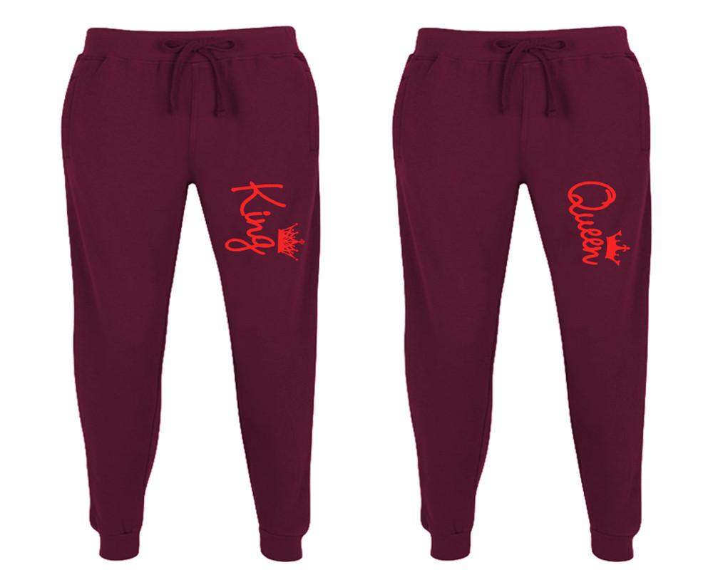 King and Queen matching jogger pants, Burgundy sweatpants for mens, jogger set womens. Matching couple joggers.