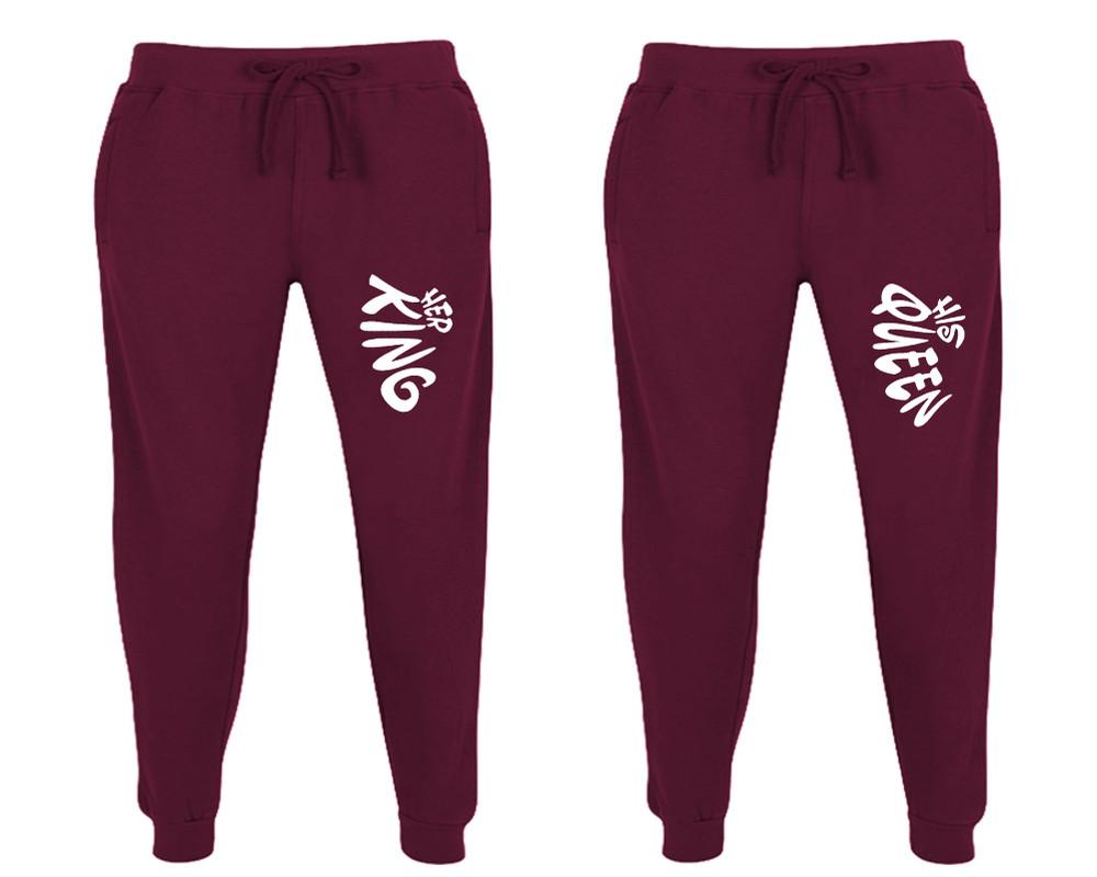 Her King and His Queen matching jogger pants, Burgundy sweatpants for mens, jogger set womens. Matching couple joggers.