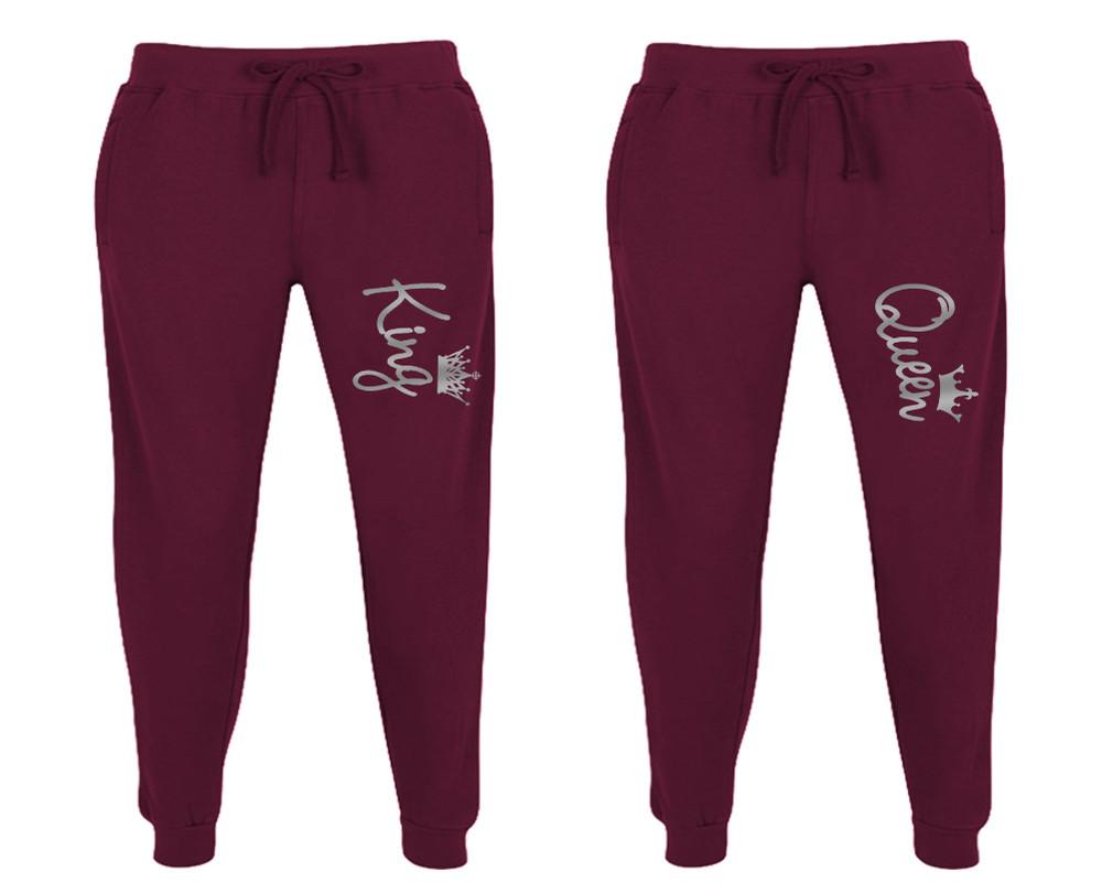 King and Queen matching jogger pants, Burgundy sweatpants for mens, jogger set womens. Matching couple joggers.