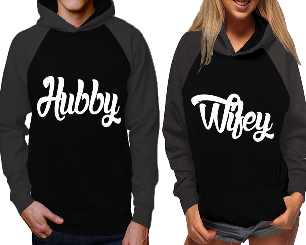 Hubby and Wifey raglan hoodies, Matching couple hoodies, Charcoal Black his and hers man and woman contrast raglan hoodies