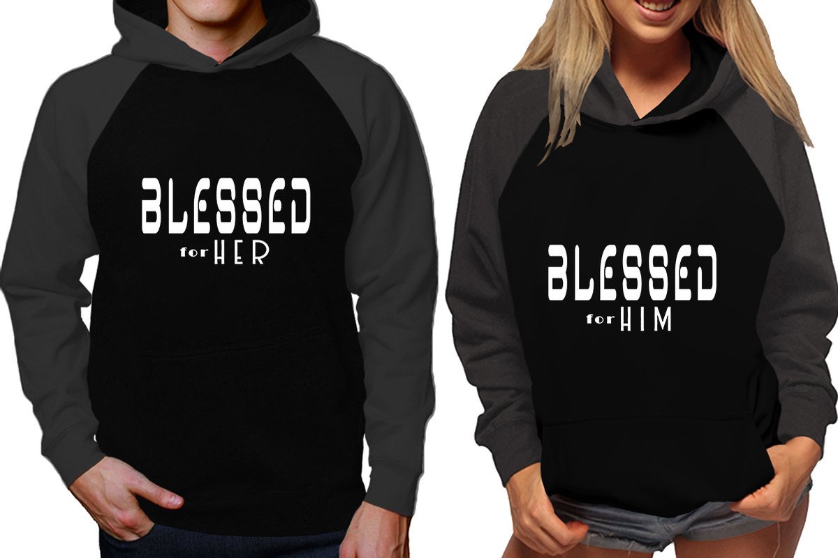 Blessed for Her and Blessed for Him raglan hoodies, Matching couple hoodies, Charcoal Black his and hers man and woman contrast raglan hoodies