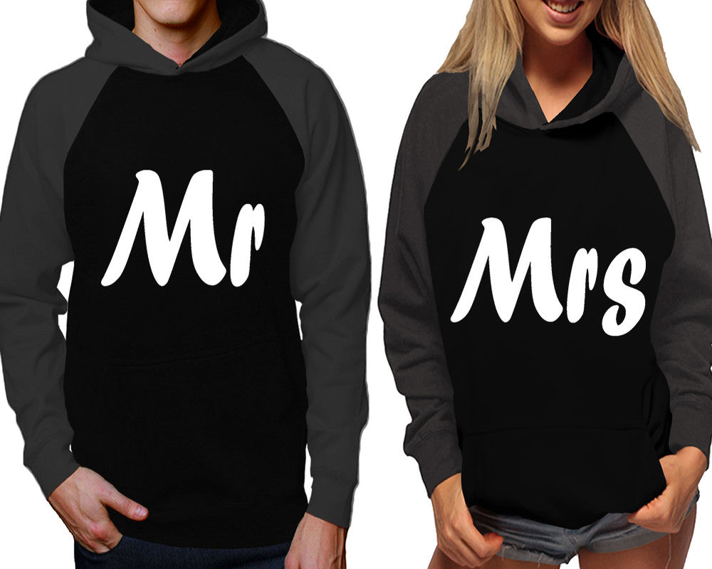Mr and Mrs raglan hoodies, Matching couple hoodies, Charcoal Black his and hers man and woman contrast raglan hoodies