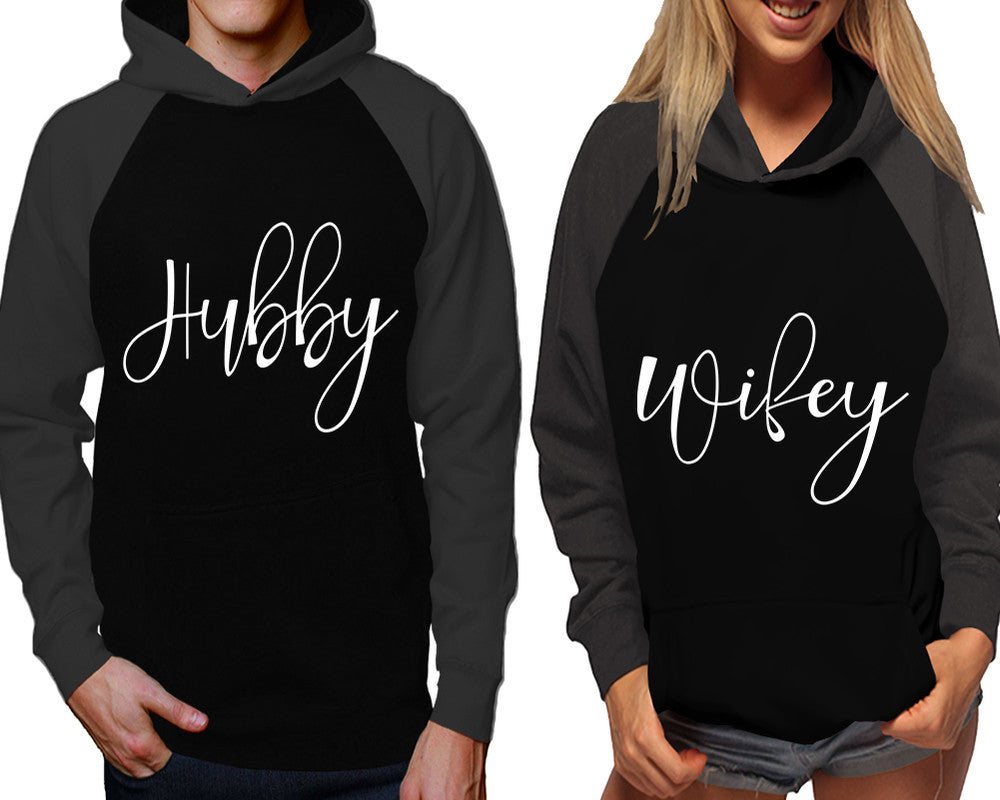 Hubby and Wifey raglan hoodies, Matching couple hoodies, Charcoal Black his and hers man and woman contrast raglan hoodies