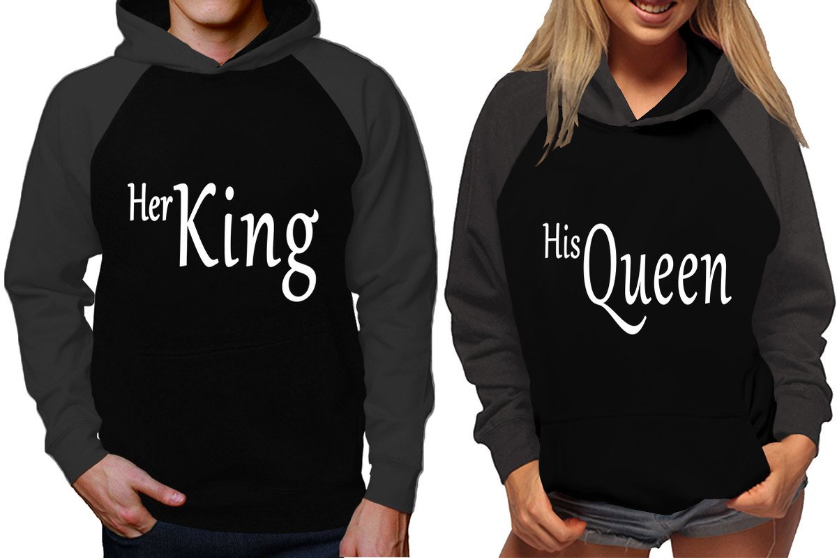 Her King and His Queen raglan hoodies, Matching couple hoodies, Charcoal Black King Queen design on man and woman hoodies