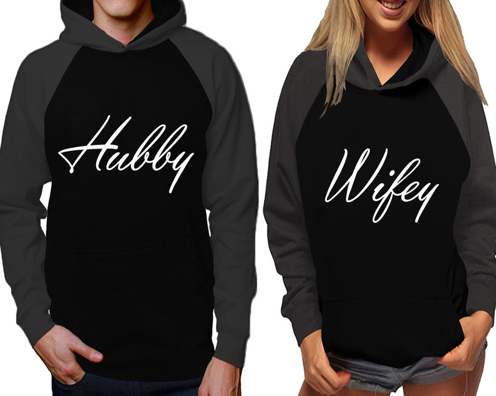 Hubby and Wifey raglan hoodies, Matching couple hoodies, Charcoal Black his and hers man and woman contrast raglan hoodies